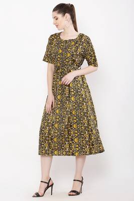 PAVONINE Yellow Color Flower Micro Print Dress 4