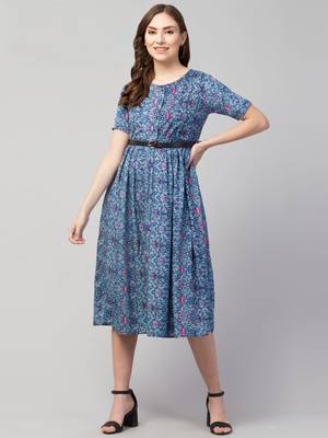 PAVONINE Blue Color Flower Micro Print Belt Dress 1