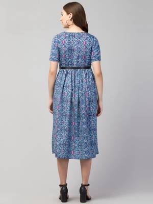 PAVONINE Blue Color Flower Micro Print Belt Dress 2