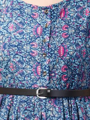 PAVONINE Blue Color Flower Micro Print Belt Dress 3