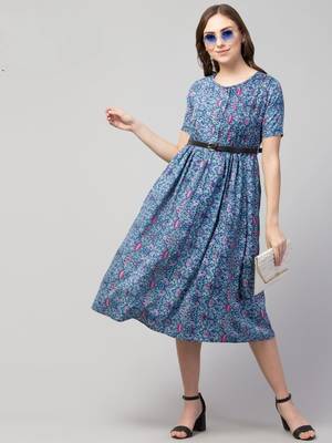 PAVONINE Blue Color Flower Micro Print Belt Dress 4