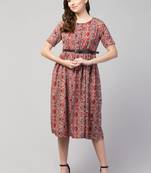 PAVONINE Maroon Color Flower Micro Print Belt Dress