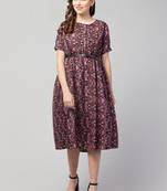 PAVONINE Wine Color Flower Micro Print Belt Dress