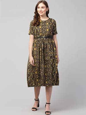 PAVONINE Yellow Color Flower Micro Print Belt Dress 1