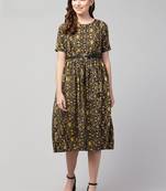 PAVONINE Yellow Color Flower Micro Print Belt Dress