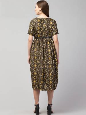 PAVONINE Yellow Color Flower Micro Print Belt Dress 2