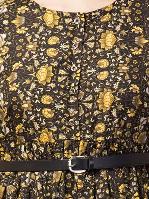PAVONINE Yellow Color Flower Micro Print Belt Dress 3