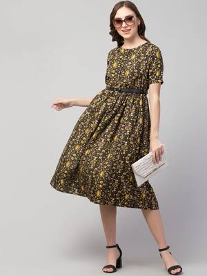 PAVONINE Yellow Color Flower Micro Print Belt Dress 4