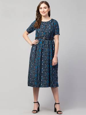 PAVONINE Navy Blue Color Flower Micro Print Belt Dress 1