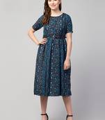 PAVONINE Navy Blue Color Flower Micro Print Belt Dress