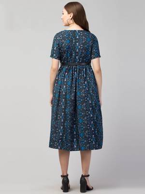 PAVONINE Navy Blue Color Flower Micro Print Belt Dress 2