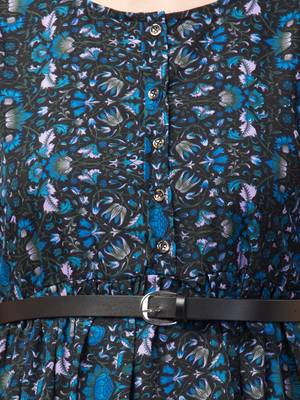PAVONINE Navy Blue Color Flower Micro Print Belt Dress 3