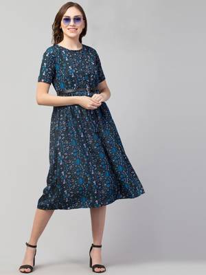 PAVONINE Navy Blue Color Flower Micro Print Belt Dress 4