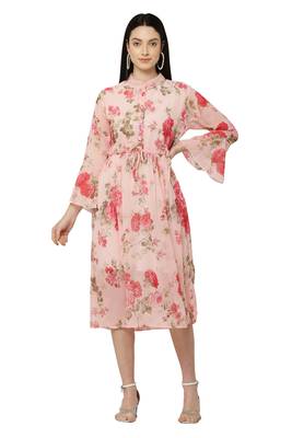 PAVONINE Peach Color Flower Printed Straight Dress 1