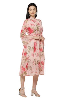 PAVONINE Peach Color Flower Printed Straight Dress 4