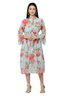 PAVONINE Rama Green Color Flower Printed Straight Dress 1