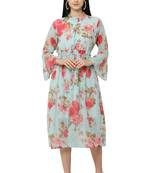 PAVONINE Rama Green Color Flower Printed Straight Dress