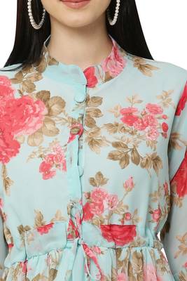 PAVONINE Rama Green Color Flower Printed Straight Dress 3