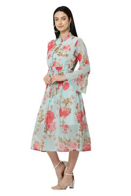 PAVONINE Rama Green Color Flower Printed Straight Dress 4