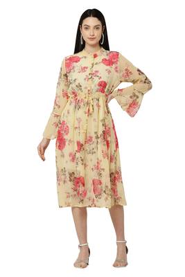 PAVONINE Yellow Color Flower Printed Straight Dress 1