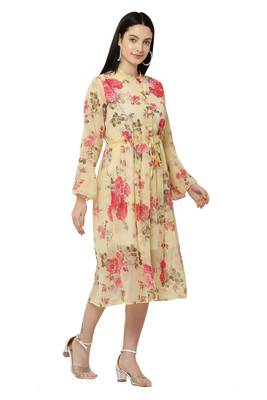 PAVONINE Yellow Color Flower Printed Straight Dress 4