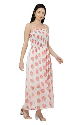 PAVONINE White Color Flower Printed Lace Bottom Dress 4