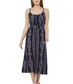 PAVONINE Navy Blue Color Printed Shoulder Strap Dress