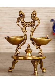 eCraftIndia Parrot Design Antique Finish Decorative Handcrafted Brass Diya With Stand