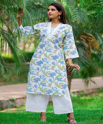 cotton-hand-block-print-kurta-set-white-blue-floral 1