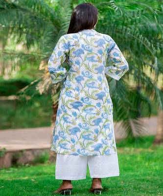 cotton-hand-block-print-kurta-set-white-blue-floral 2