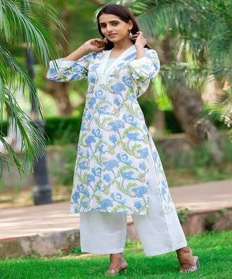 cotton-hand-block-print-kurta-set-white-blue-floral 4