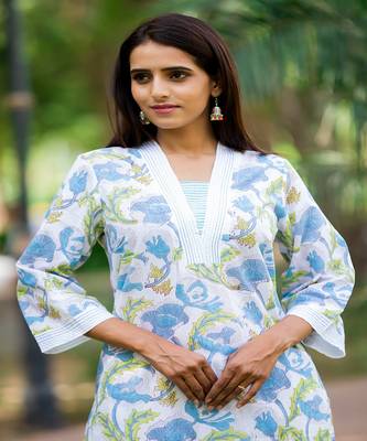 cotton-hand-block-print-kurta-set-white-blue-floral 5