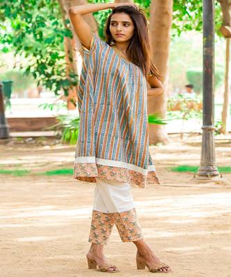 cotton-hand-block-kurta-set-brown-sea-green-print 1