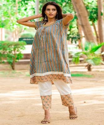 cotton-hand-block-kurta-set-brown-sea-green-print 2