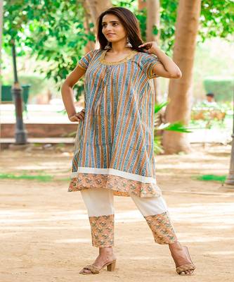 cotton-hand-block-kurta-set-brown-sea-green-print 3