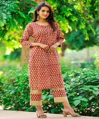 cotton-hand-block-kurta-set-deep-maroon-khaki-print 1