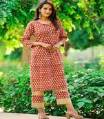 cotton-hand-block-kurta-set-deep-maroon-khaki-print