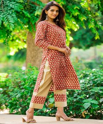 cotton-hand-block-kurta-set-deep-maroon-khaki-print 2