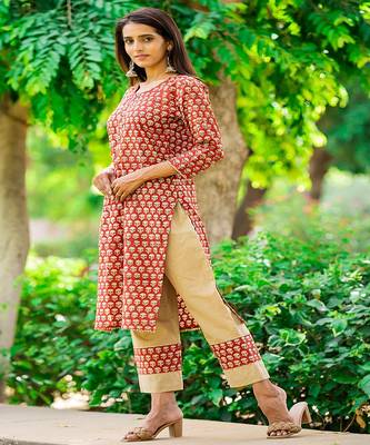cotton-hand-block-kurta-set-deep-maroon-khaki-print 3