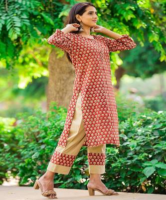 cotton-hand-block-kurta-set-deep-maroon-khaki-print 4