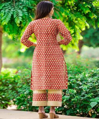 cotton-hand-block-kurta-set-deep-maroon-khaki-print 5