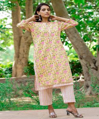cotton-hand-block-print-double-layered-kurta-set-blue-white-floral-design 4