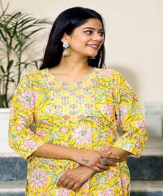 cotton-hand-block-print-yellow-pink-kurta-set 3