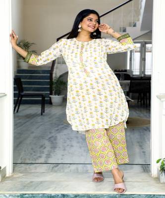 cotton-hand-block-print-white-yellow-green-kurta-set 2