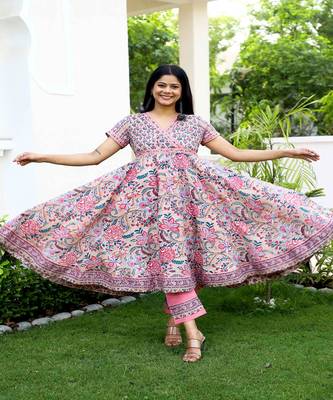 hand-block-print-anarkali-kurta-set-pink-blue 1