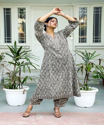 cotton-hand-block-print-kurta-set-gray 2