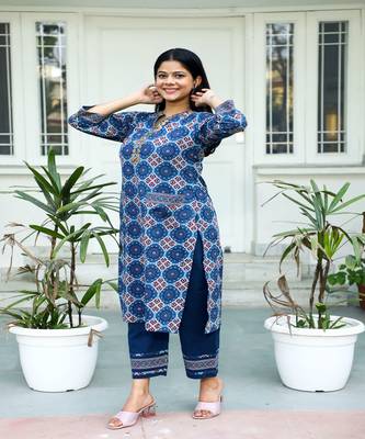 cotton-hand-block-print-blue-red-kurta-set 1
