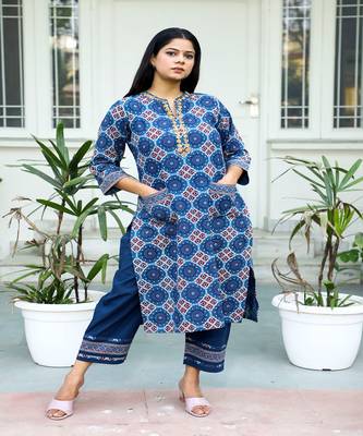 cotton-hand-block-print-blue-red-kurta-set 2
