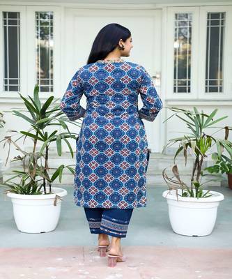 cotton-hand-block-print-blue-red-kurta-set 5
