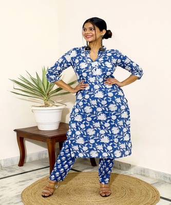cotton-hand-block-print-kurta-set-blue-white 1